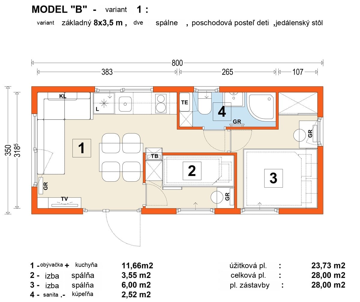 Mobilný dom B – pôdorys (poschodie)
