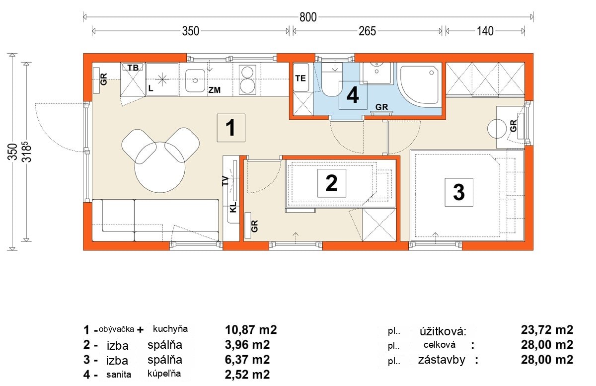 Mobilný dom B – variant 10 – pôdorys