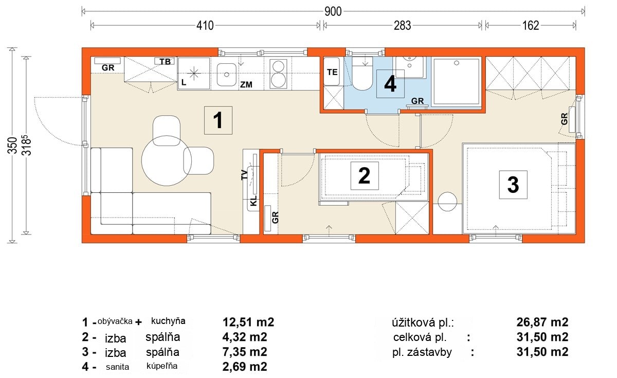 Mobilný dom B – variant 11 – pôdorys