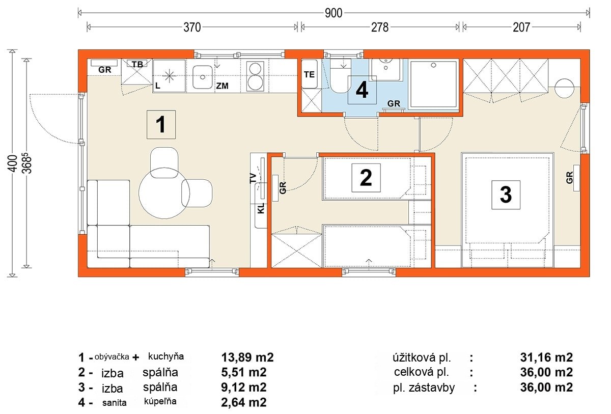 Mobilný dom B – variant 12 – pôdorys