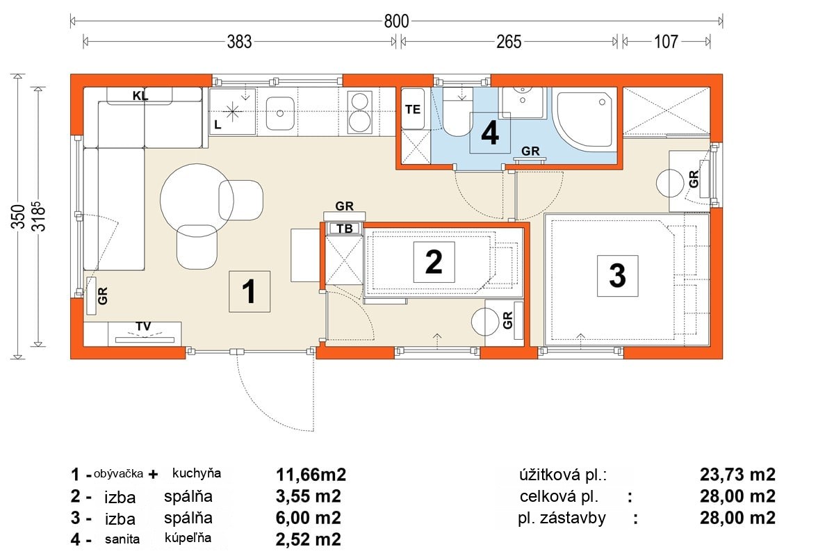 Mobilný dom B – variant 2 – pôdorys