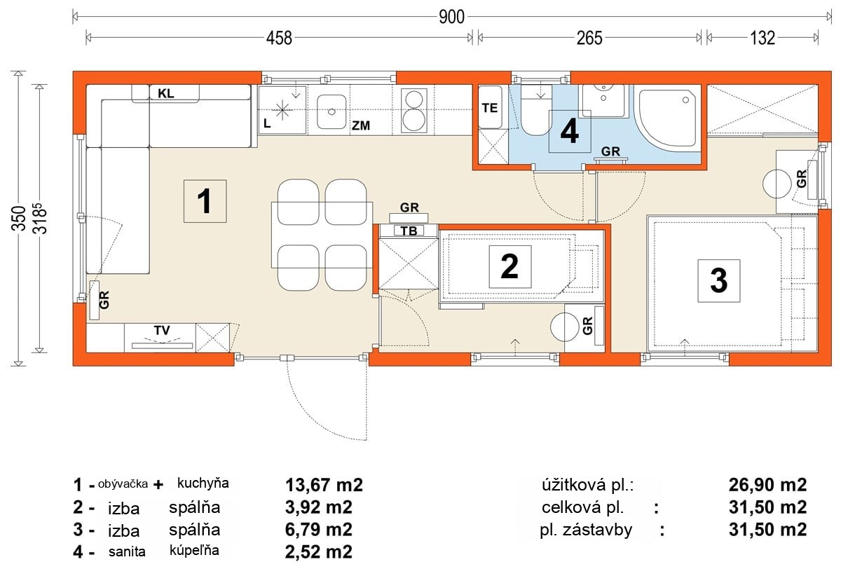Mobilný dom B – variant 3 – pôdorys