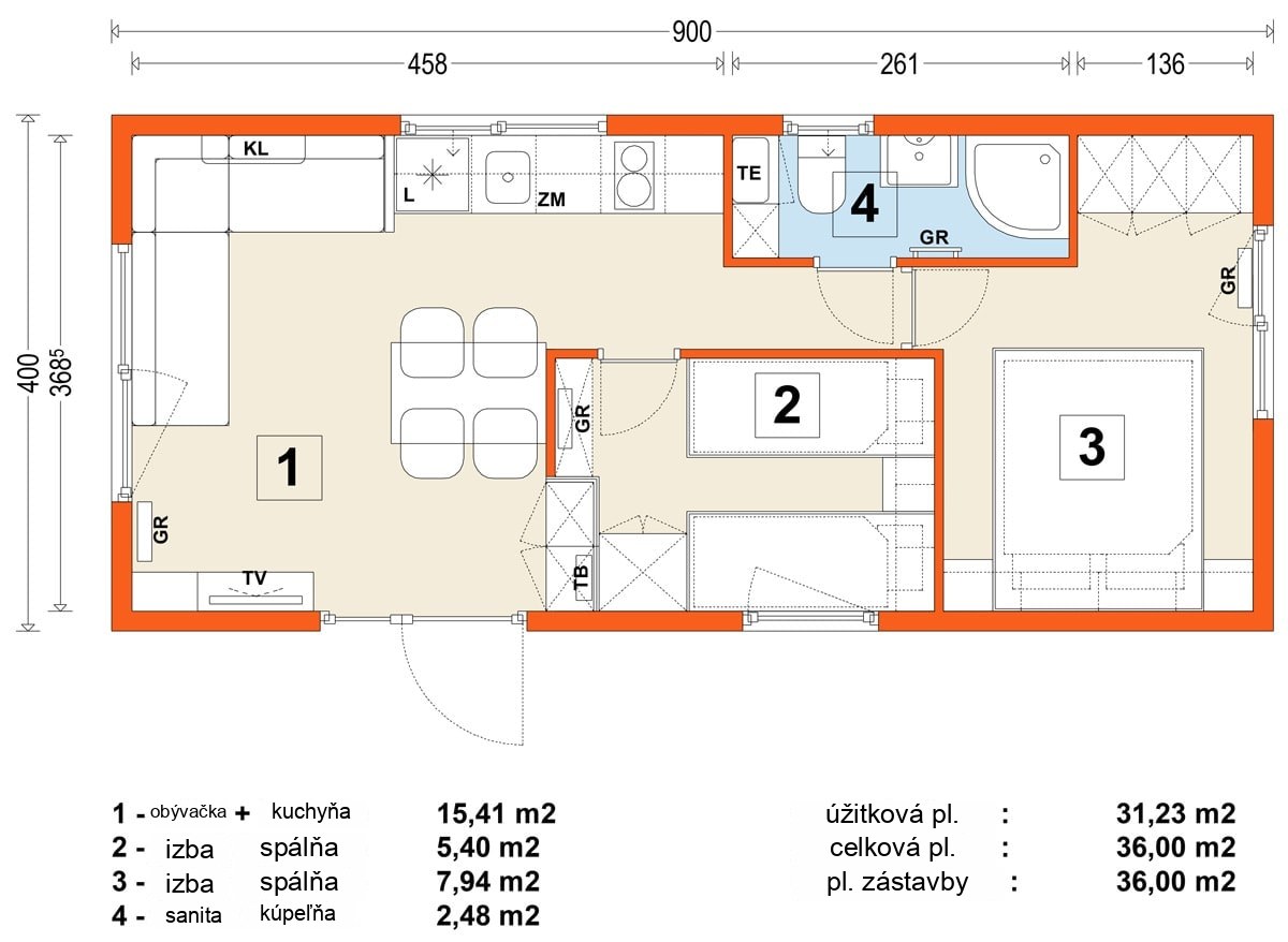 Mobilný dom B – variant 4 – pôdorys
