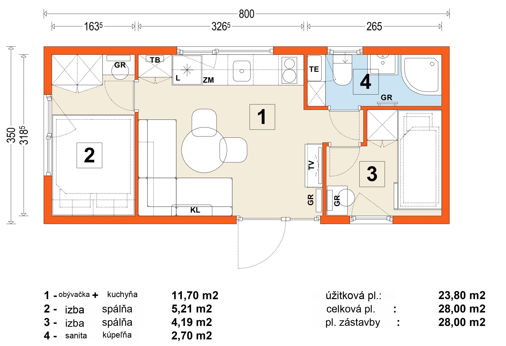 Mobilný dom B – variant 5 – pôdorys