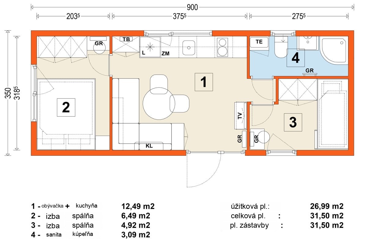 Mobilný dom B – variant 6 – pôdorys