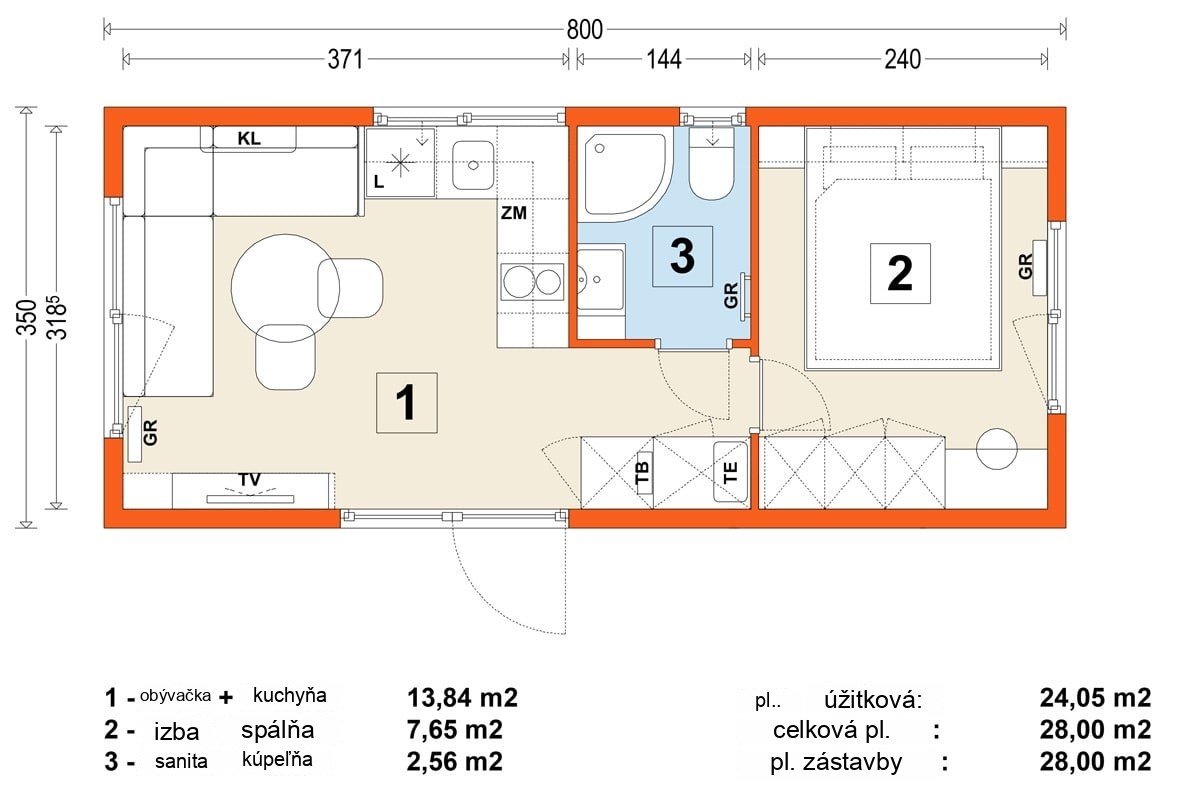 Mobilný dom B – variant 8 – pôdorys
