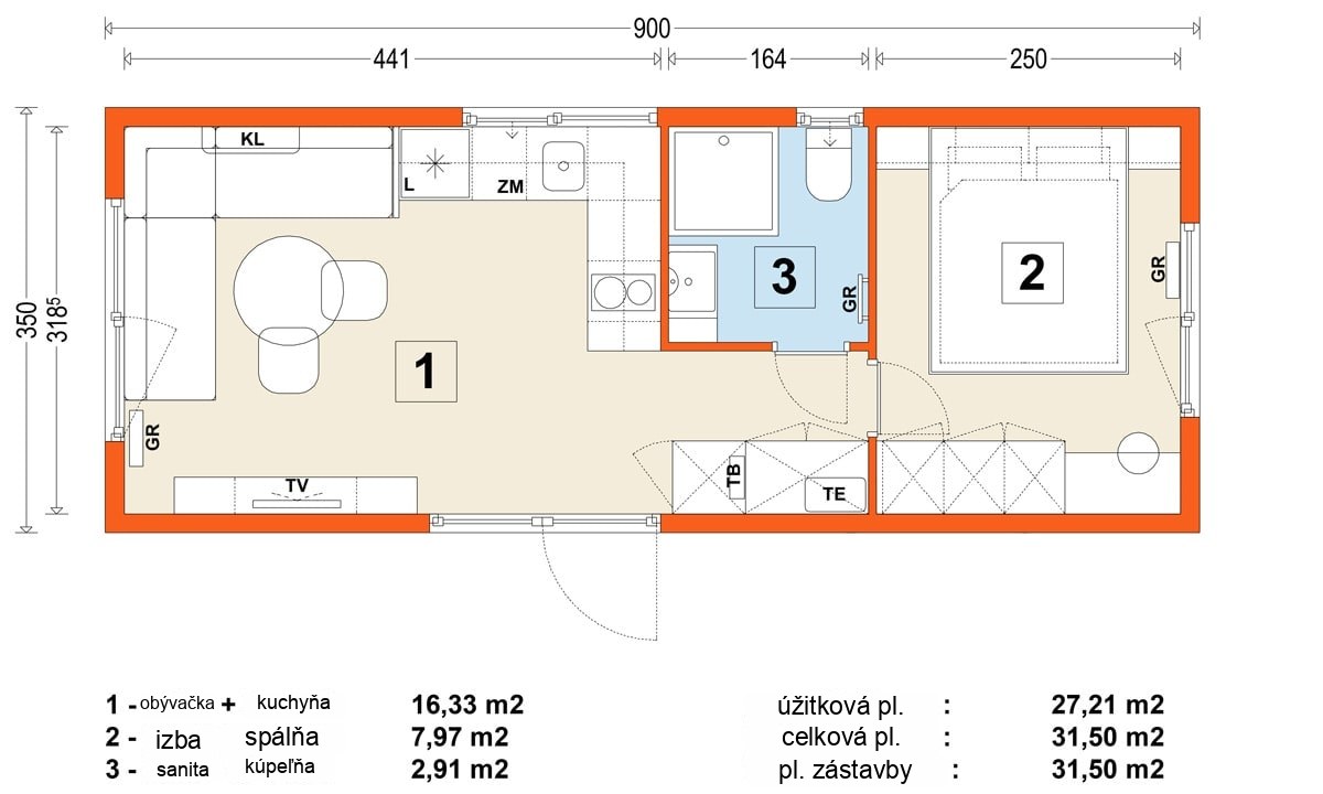 Mobilný dom B – variant 9 – pôdorys
