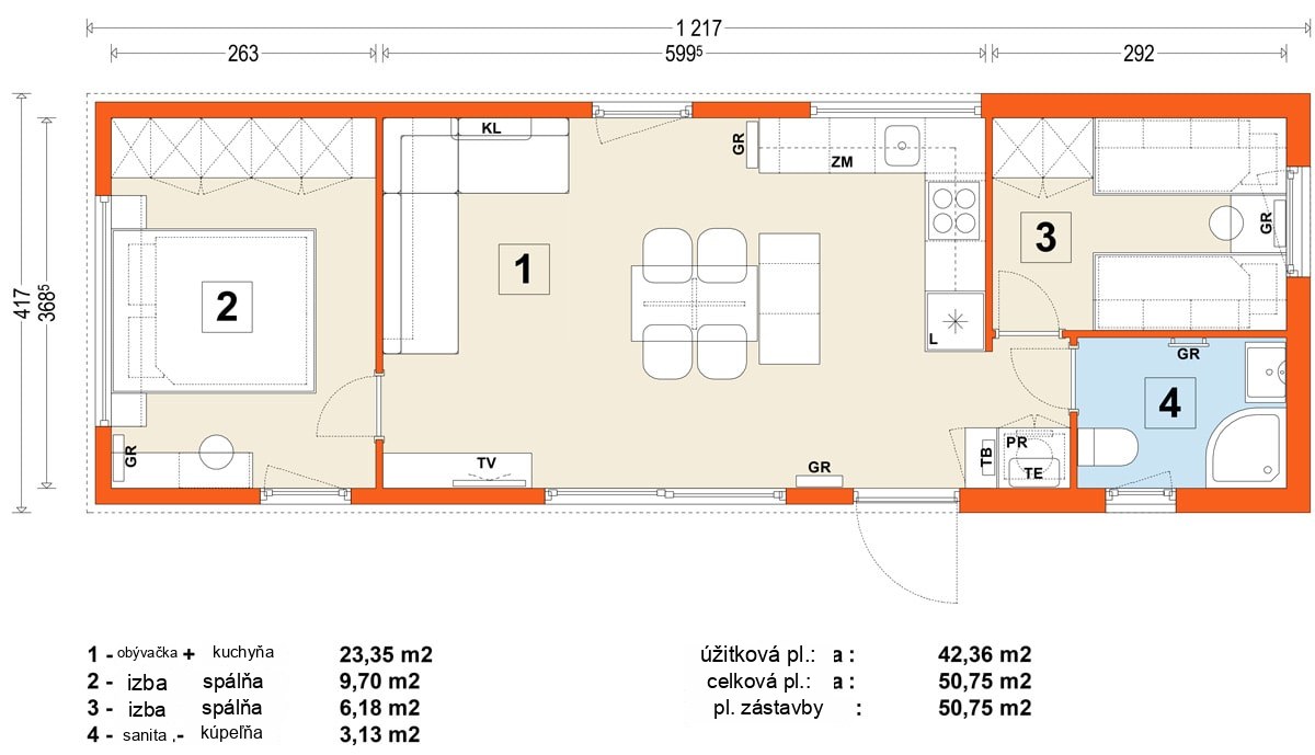 Mobilný dom D – variant 6 – pôdorys