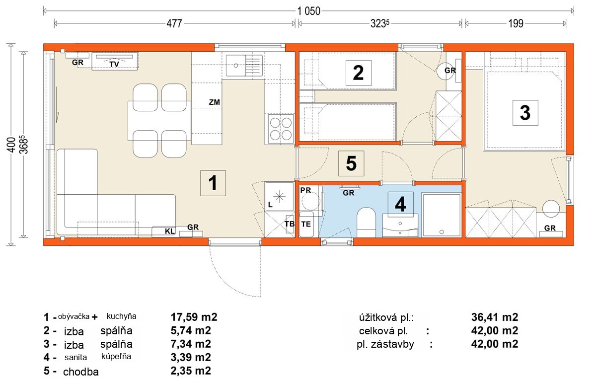 Mobilný dom E – variant 3 – pôdorys