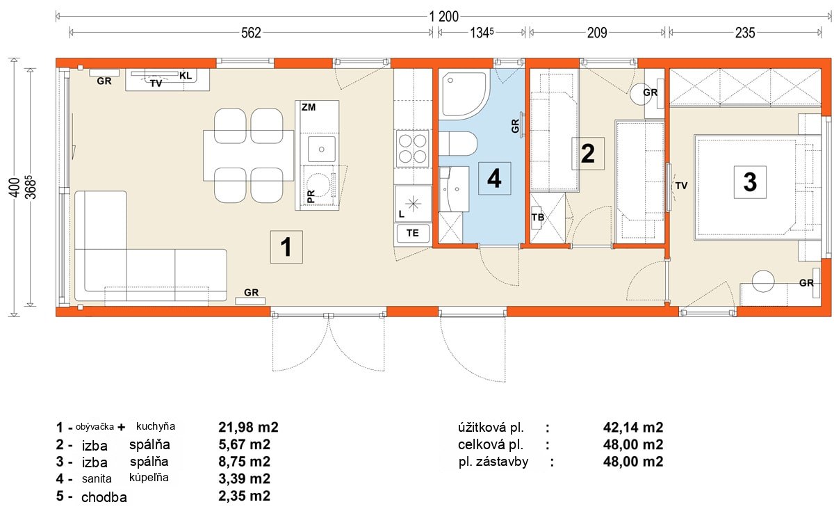 Mobilný dom E – variant 7 – pôdorys