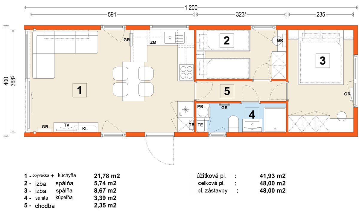 Mobilný dom E – variant 8 – pôdorys